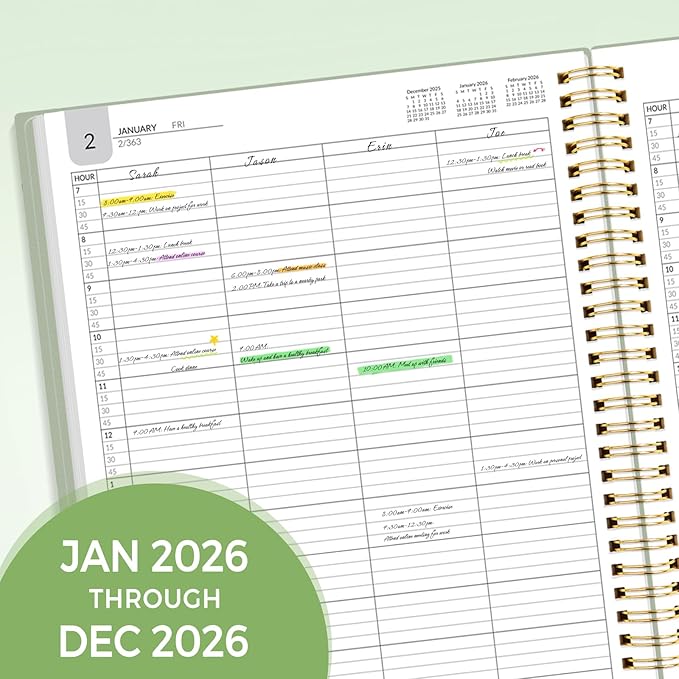 SUNEE 2026 Daily Planner,4-Person Group Appointment Book with Quarter-Hourly Layout. Weekly & One-Page-Per-Day Format, Jan to Dec 2026, 8.5"x11",Weekly Planner, Flexible Cover, Note Pages, Bookmark, Black,Sage Green