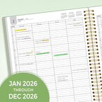 SUNEE 2026 Daily Planner,4-Person Group Appointment Book with Quarter-Hourly Layout. Weekly & One-Page-Per-Day Format, Jan to Dec 2026, 8.5"x11",Weekly Planner, Flexible Cover, Note Pages, Bookmark, Black,Sage Green