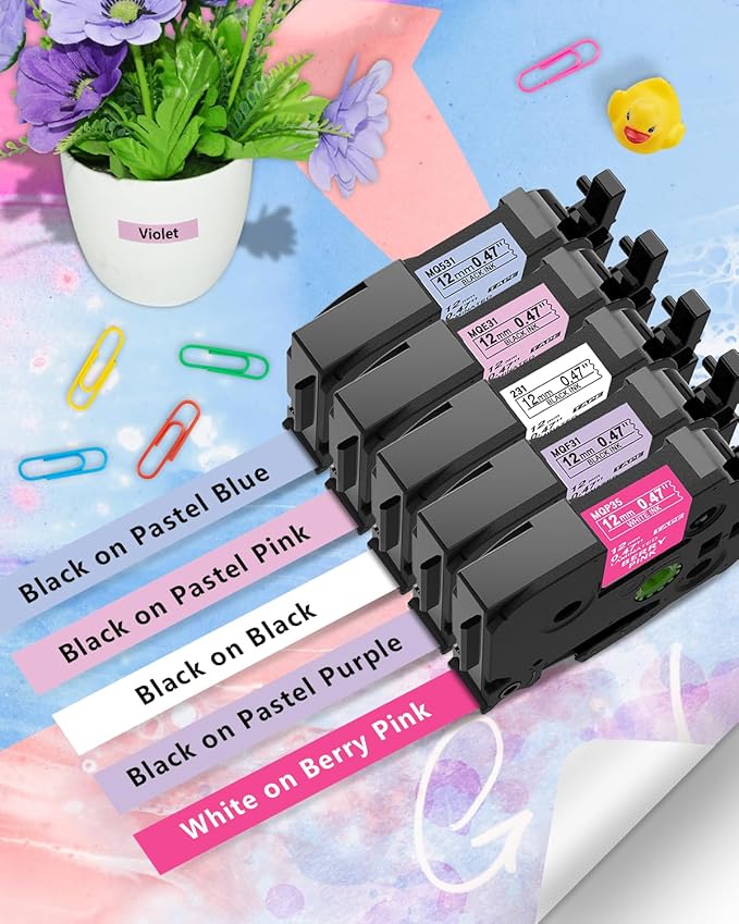 5-Pack Compatible Brother P Touch Label Tape TZe 12mm 0.47 Laminated TZ Tape Colored Label Maker Refills, for Brother Ptouch PT-D210 D220 H110 D400 1000 1280 Printer, White/Berry Pink/Purple/Pink/Blue