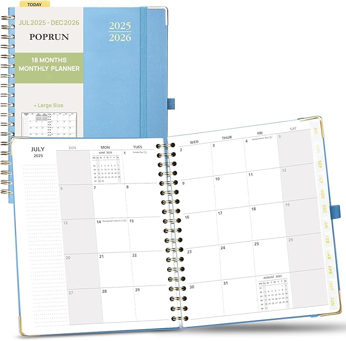 POPRUN Monthly Planner 2025-2026 Spiral Hardcover (8'' x 10''), 18 Months Calendar (Jul.2025 - Dec.2026) - 2 Pages per Month with Dotted Note Pages, Sunday Start, Laminated Tab - Haze Blue