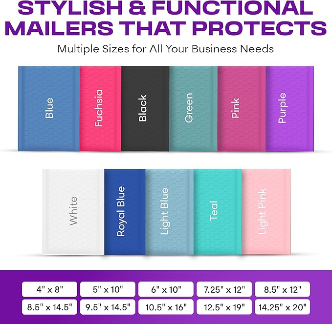 Purple 10.5x16 Inch Large Poly Bubble Mailers #5 | Padded Envelopes with Self Seal | Air Lined Cushioned Bubble Mailer | Usable Size 10.5x15 | 200 Pack Bulk | Lightweight shipping Bags