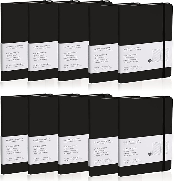EMOMAS Lined Journal Notebook, 10Pack Hardcover Notebook for Men & Women – Journals for Writing, Work, School, Home & Daily Notes, 160 Pages – Medium A5, 5.7"x8", 100 gsm Thick Paper (Black)
