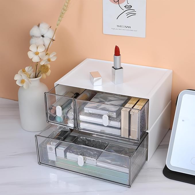 OSteed Desktop Drawers, Desk Organizer with 1 Large Drawer & Upright Handles, Stackable Plastic Storage Box for Home Collection, Cosmetics, Office Supplies (Tall Layer, White & Clear)