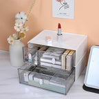 OSteed Desktop Drawers, Desk Organizer with 1 Large Drawer & Upright Handles, Stackable Plastic Storage Box for Home Collection, Cosmetics, Office Supplies (Tall Layer, White & Clear)