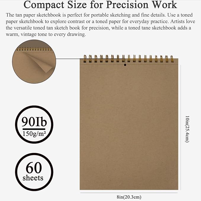 Fuxi Toned Sketchbook 8x10, 60 Sheets Spiral Bound Artist Sketch Pad - Perfect Art Gift for Artists, Students & Professionals.