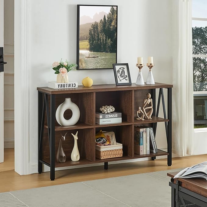 HOMISSUE Cube Storage Organizer Shelf, Rustic Short Wide Bookshelf with 6 Cubes, Industrial Low Cubby Bookcase with 3-Tier Shelves, Horizontal Book Case for Living Room, Office, Brown