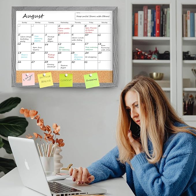Calendar Whiteboard for Wall, 18x24 Inches Dry Erase Calendar Cork Board Combo, Magnetic Monthly White Board with Wood Framed, Hanging Dry Erase Board for Home Kitchen Office Planner Memo