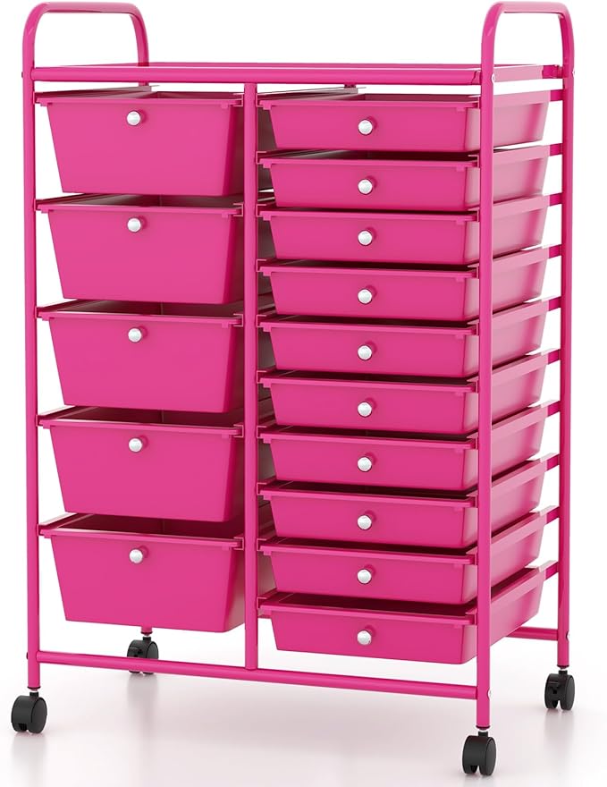 COSTWAY 15-Drawer Rolling Storage Cart, Mobile Utility Cart with Heavy-duty Frame & Lockable Wheels, Multipurpose Storage Organizer for Tools, Paper, Office, School, Hot Pink
