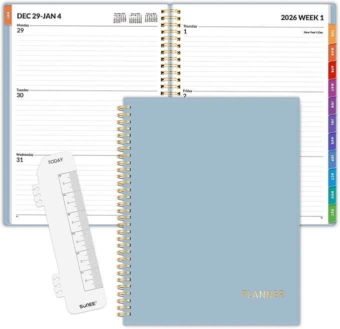 SUNEE 2026 Weekly and Monthly Planner - from January 2026 - December 2026, Daily Agenda Planner with Monthly Tab, Flexible Cover, Note Pages, Pockets, Bookmark, Spiral Binding, Gray Blue, 8.5"x11"