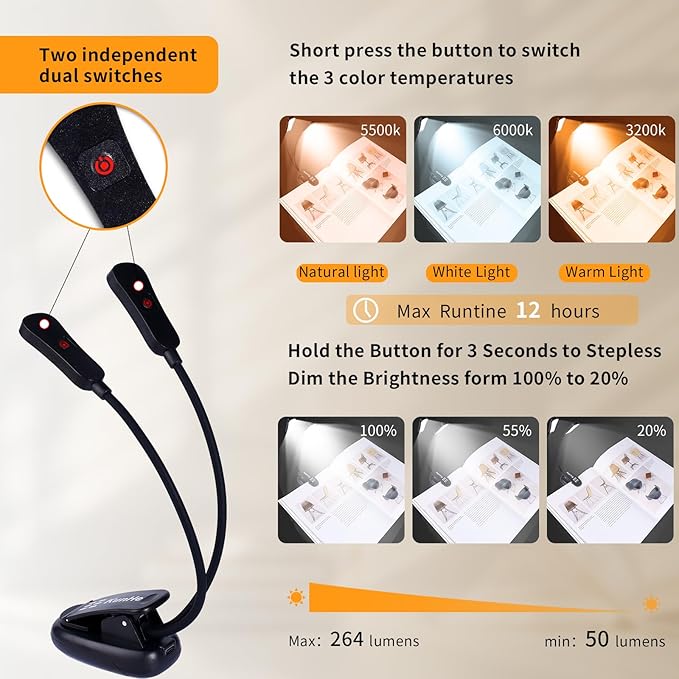 KunHe 5 Pack Music lamp Reading Clip lamp USB-C and AAA Battery Power Supply (Included) Three Color temperatures Suitable for Band Users Reading Enthusiasts