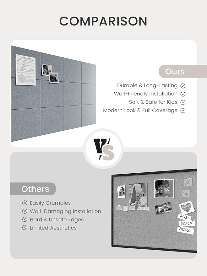 Bumusty Large Cork Board 47"x35" Alternative - 12 Pack Felt Wall Tiles with 70 Safe Removable Adhesive Tabs, 30 Pushpins, Cork Boards for Walls Pin Board Tack Board Cork Board (Silver Mink)
