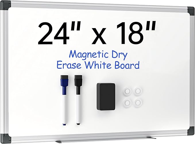 VUSIGN 24" x 18" Magnetic Whiteboard for Wall, Dry Erase Board with Silver Frame, Hanging White Board for Office, Home, School - Includes 1 Eraser, 2 Multicolor Markers & 4 Magnets