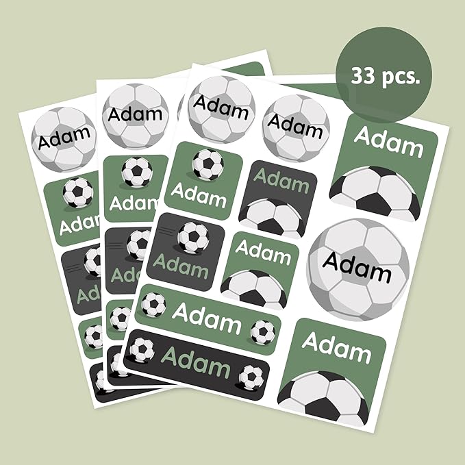Large Name Labels for Kids (33) - Custom Stickers for Daycare and School Supplies - Durable, Waterproof Stickers for Water Bottles, Lunch Boxes, and More with Unique Designs - Soccer