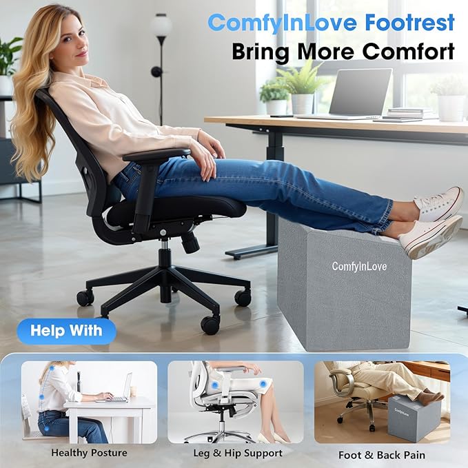 ComfyInLove Foot Rest for Under Desk at Work - Non-Slip Foot Stool with 3 Adjustable Heights, Ergonomic Under Desk Footrest with Washable Cover for Desk, Home, Office, Car (Light Grey)