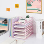 LEKETREE Desk Organizers and Accessories, 5-Tier Paper Letter Tray Organizer with File Holder, Desktop Organizer for Office Supplies (Pink)