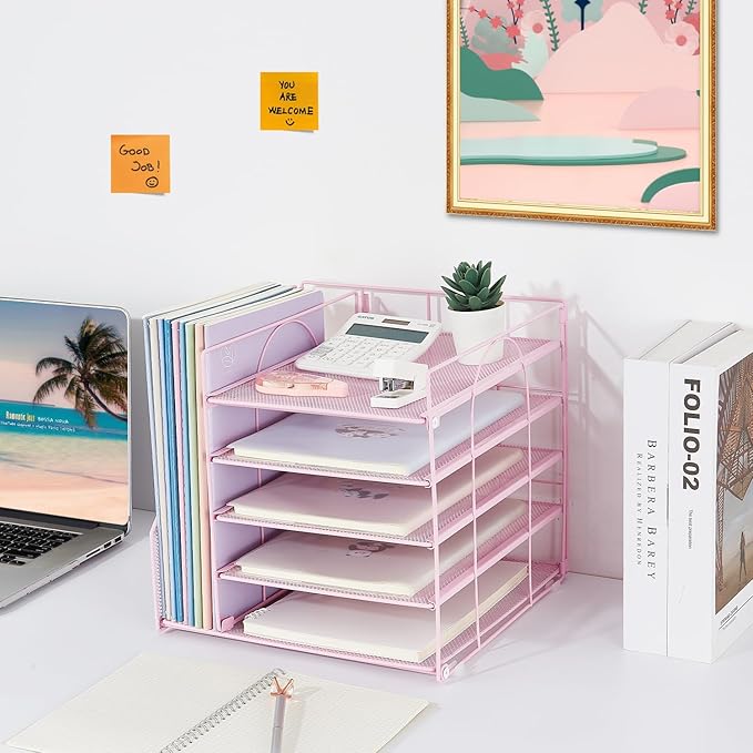 LEKETREE Desk Organizers and Accessories, 5-Tier Paper Letter Tray Organizer with File Holder, Desktop Organizer for Office Supplies (Pink)