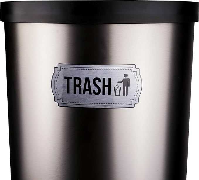 Recycle and Trash Stickers for Trash Cans - Stainless Steel Style Vinyl Recycling Bin Labels - 2 Pack - 6.5" by 3" Decals Logo - Waste Signs for Home Kitchen or Office Bins Indoor/Outdoor Use