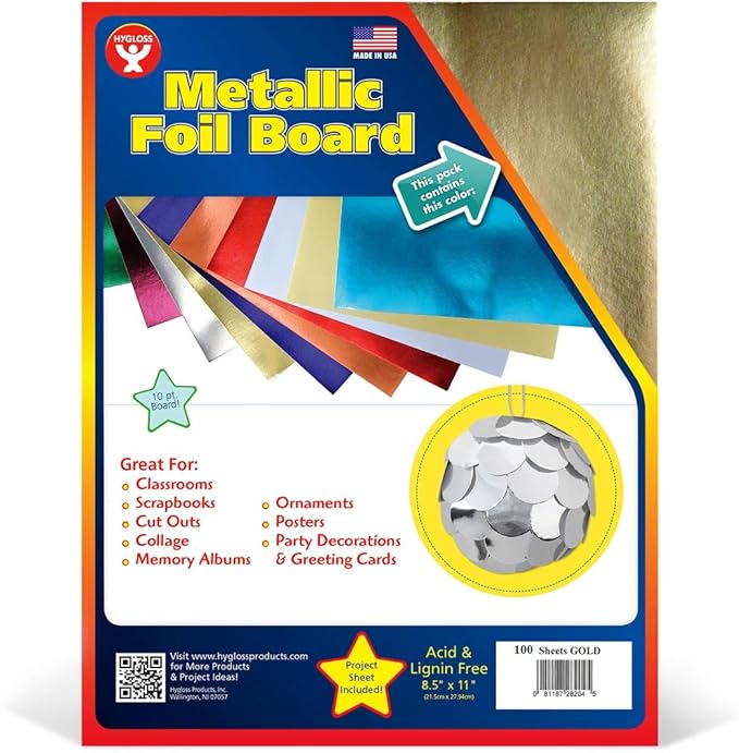 Hygloss Metallic Cardstock Sheets – 100 Shiny Gold Sheets, 8.5” x 11” - Sturdy 10 pt. – Metallic Foil Board Paper for Crafts, Scrapbooking, Posters & Decorations