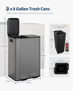 CABIHOME 2 x 8 Gal Stainless Steel Trash Can - Matte Black Dual Trash & Recycle Bin with Step-on Lid, PP Inner Buckets & Liner Rim for Kitchen