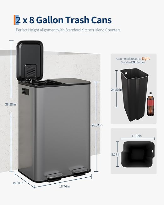 Garvee Trash Can, 2 x 8 gal (2 x 30 L) Garbage Can for Kitchen Dual Compartment Recycling Kitchen Step Trash Bin, Stainless Steel Trash and Recycle Bin Combo with Soft-Close Lid,Matte Grey