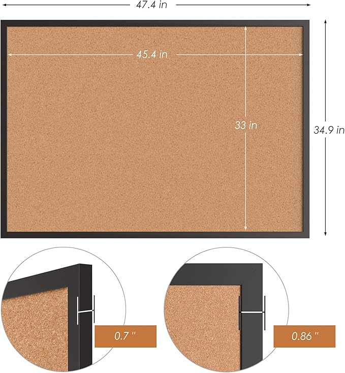 Board2by Cork Board Bulletin Board 36 x 48, Black Wood Framed 4x3 Corkboard, Office Board for Wall Cork, Large Wall Mounted Notice Pin Board with 18 Push Pins for School, Home & Office