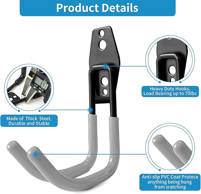 GeeWatom Garage Storage Utility Hooks，Garage Garden Tool Organizer，Steel Wall Mount Hooks, Large Garden U Hooks （2 Pack） (Type-2-Gray)