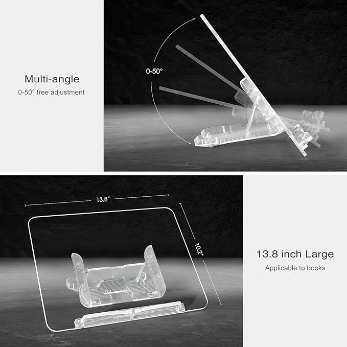 Acrylic Book Stand, Angle Adjustable Book Display Stand,Foldable Cookbook Stand, Lightweight Book Holder for Magazines, Laptop, Recipe, Textbook