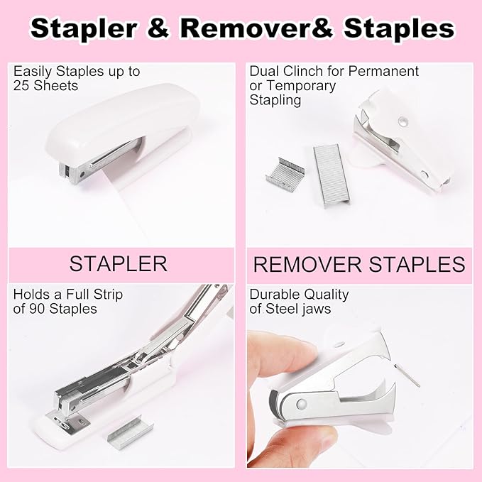 Gawsey Desk Organizers and Accessories Set with 360-Degree Rotating Pen Holder, Tape Dispenser, Stapler, Staple Remover, 1000 Staples, Tape, Clips Set, Ruler, Scissor, Pen