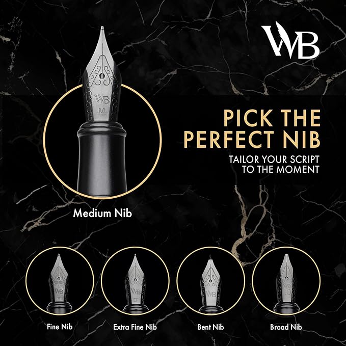 Wordsworth & Black Fountain Pen Set, Medium Nib, Includes 24 Pack Ink Cartridges, Ink Refill Converter & Gift Box, Calligraphy, [All Black], Perfect for Men & Women