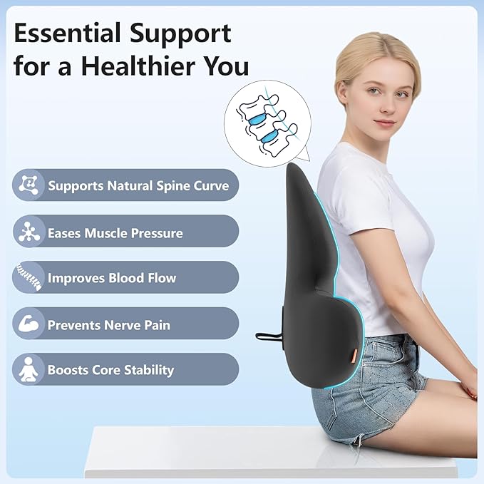 Lumbar Support Pillow with Fixed Chuck | Ergonomic Memory Foam Cushion | Washable Cover | Back Pain Relief & Posture Improvement | Fits Car/Office/Gaming Chairs/Wheelchairs & Home