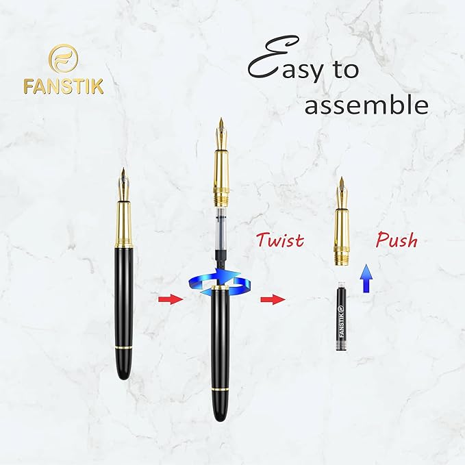 FANSTIK, Customized Fountain pen with name (MADE IN USA), stainless steel, black and gold, luxury engraved pen personalized for men and for women. (Fountain Black-Gold)