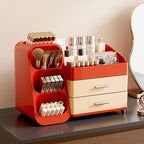 KQJS Makeup Organizer with Drawers,Large Capacity Countertop Organizer for Vanity,Bathroom and Bedroom Desk Cosmetics Organizer,Easy To Storage Skincare,Brushes,Lotions,Lipstick (Red and Cream)