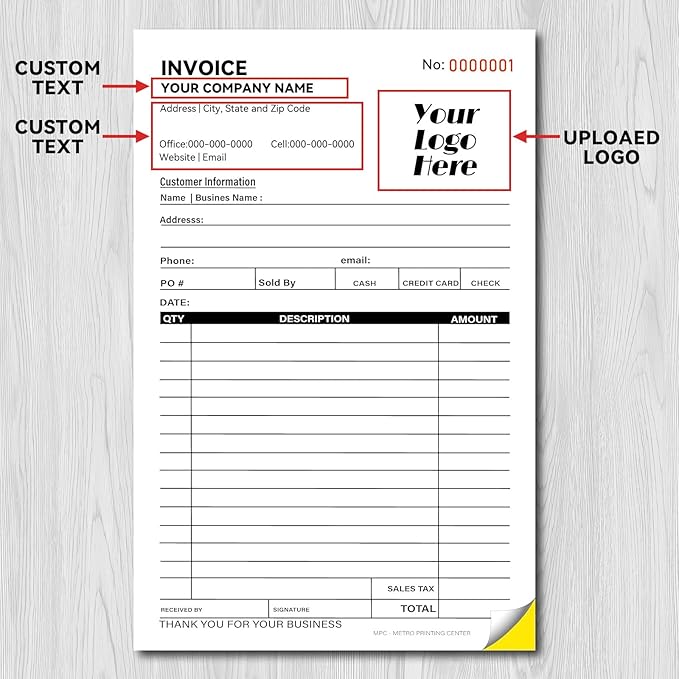 100 Sets Custom 5.7" X 8.5" Invoice Receipt Book, Personalized Duplicate Carbonless Form with Logo/Text, Paper 2-Part/3-Part in Bulk Purchase Orders, Sales Orders, Price Forms (3-Part)