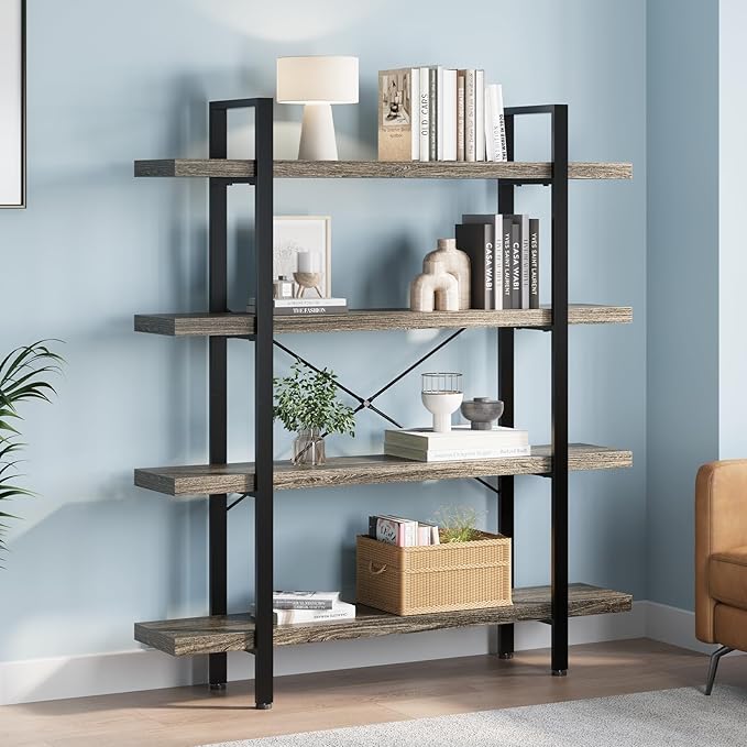 FURSUN Heavy Duty 4 Tier Bookcase, 55-in Tall Industrial Modern Large Bookshelf, Wood Farmhouse Bookcases Book Shelves and Metal Frame for Office, Bedroom, Living Room, Grey