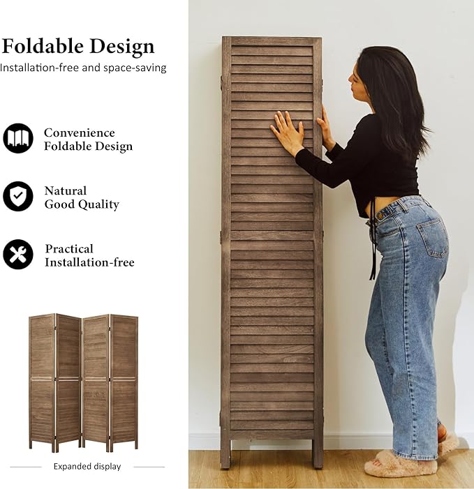 Room Dividers and Folding Privacy Screens, Wood Louvered Separators Divider Wall for Home Office Bedroom - 4 Panels, 67 * 60inch (Brown)