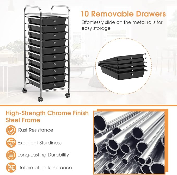 GLACER 10 Drawers Rolling Cart, Storage Cart with w/Removable Drawers & Steel Frame, Utility Mobile Trolley w/Universal Casters & 2 Brakes, Organizer Cart for Home, School, Office (Black)