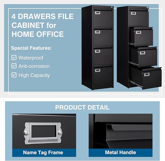 PEUKC 4 Drawer File Cabinet, Vertical Filing Cabinets with Lock, Metal File Cabinets for Home Office, Anti-Tip 4 Storage Drawers for Letter/Legal/A4/F4 Size (Assemble Required, Black)