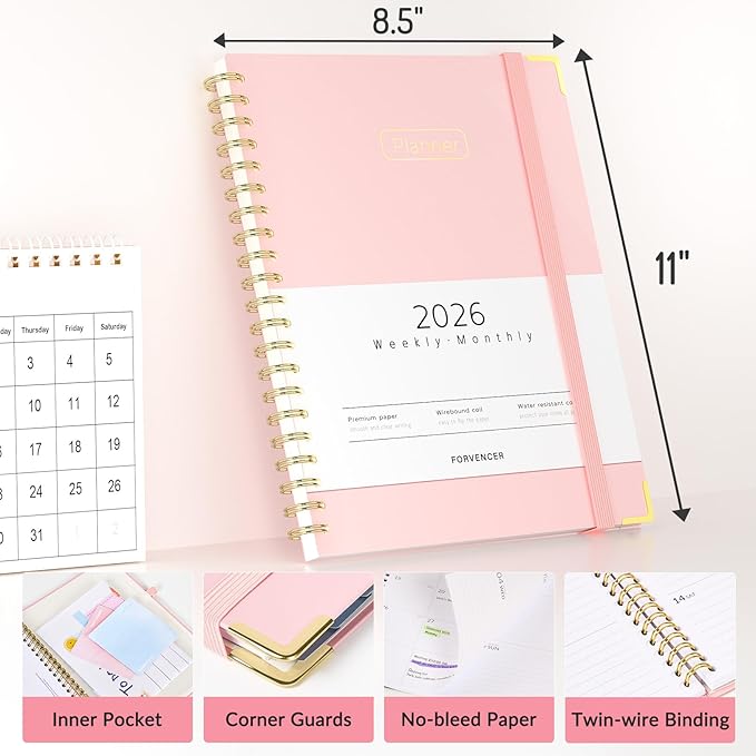 Forvencer 2026 Planner, Hardcover Calendar Planner Weekly and Monthly, Jan 2026 - Dec 2026, 8.5" x 11", Spiral Daily Organizer for Home School, Pink