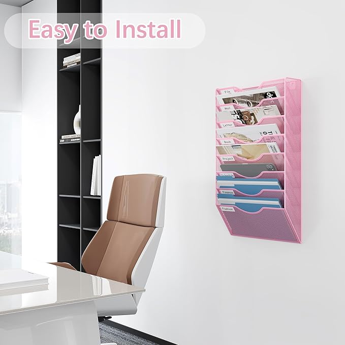 EasyPAG 8 Pocket Mesh Wall File Organizer, Hanging Paper Folder Holder with Classify Label, Vertical Wall Mount Mail Organizer for Office Home Classroom, Pink