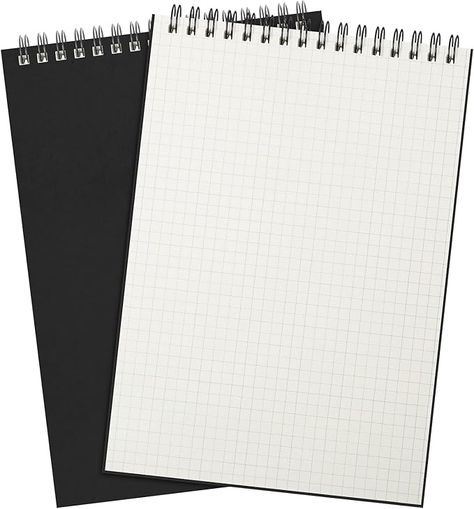 Engrowtic 2 Pack Graph Paper Spiral Notepad A5 Top Wirebound Notepad Grid Notebook Steno Pads Memo Notebook Grid Paper 140 Pages for Writing Sketching Drawing Office Supplies (Black)