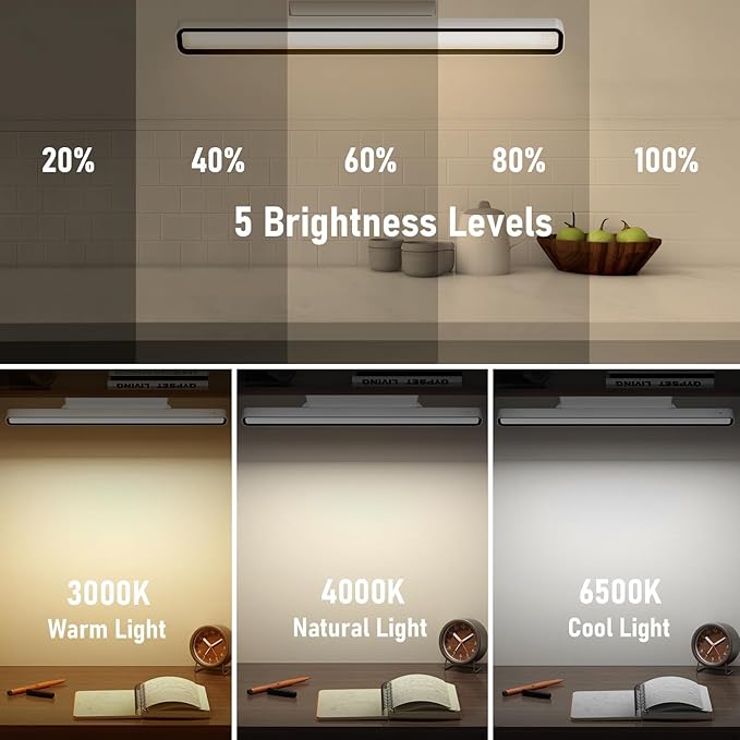 XmnSoly Desk Light Bar, 16.5in Magnetic Rechargeable LED, 3000K, 4500K, 6000K Color Temperature Under Cabinet Lighting for Desk, Home Office, Under Shelf