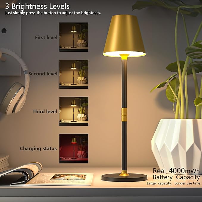 Timjorman 1-Pack Cordless Table Lamps - 4000mAh Rechargeable Battery Operated Desk Lamp, 3-Level Dimmable LED Night Light for Bedroom, Dining, Restaurant - Metal Design(Gold&Black-1Pack)