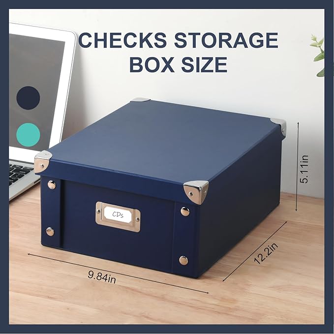 DLUGOPIS 2 Pcs Inch Checks Storage Box with Lid Document Boxes Document Bin Banker Boxes Foldable Receipt Box Storage Navy Blue Cardboard Record Boxes For Business Pesonal Books Files 12"x10"x5"