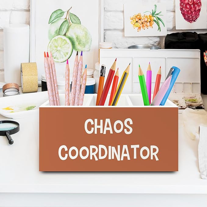 XPH Chaos Coordinator Orange Pen Pencil Holder Organizer for Desk, Thank You Gifts for Women Men Coworkers Boss Leader Manager, Appreciation Gifts Wooden Box Sign for Office Tabletop Decorations