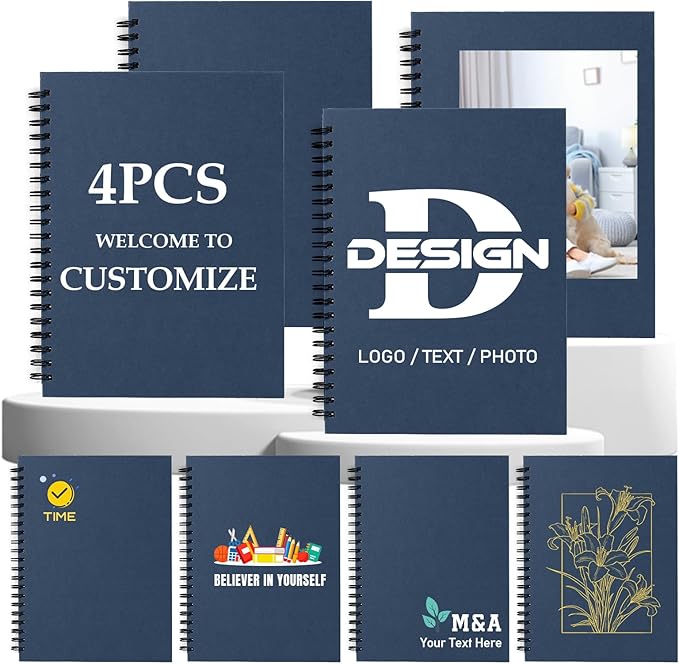Custom Spiral Notebook - Upload Your Own Photo/Logo/Text, Set of 4 Personalized Journals, A5 Kraft Soft Cover, 120 Pages, 8.4 x 5.8 Inch, Customizable Notebooks for Gifts, Office or Business,Blue