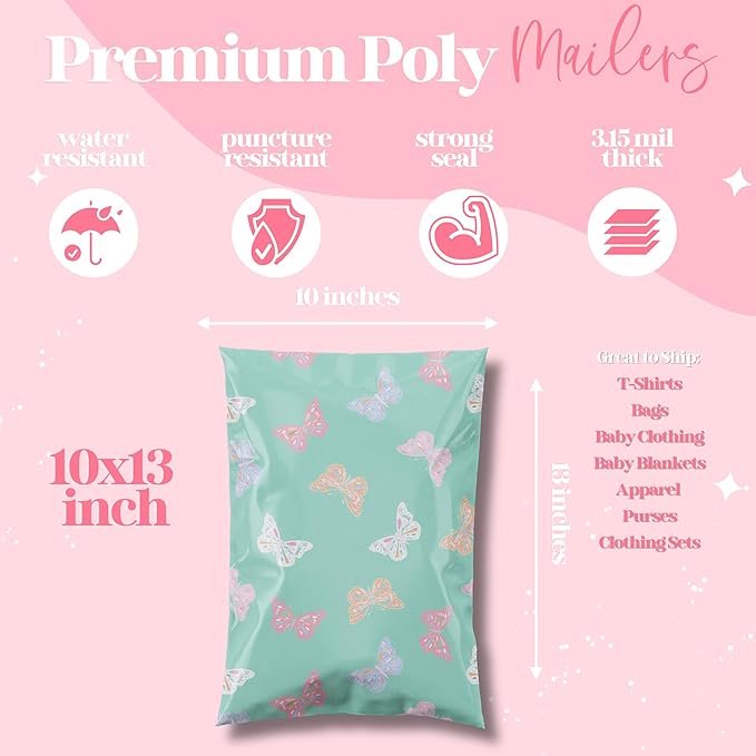Pretty Package Store 10x13 Designer Poly Mailer 100 Pack Heavy Duty Waterproof Self Seal Shipping Bags for Small Business Large Mailing Envelopes Bulk Tear Resistant Packaging Butterfly