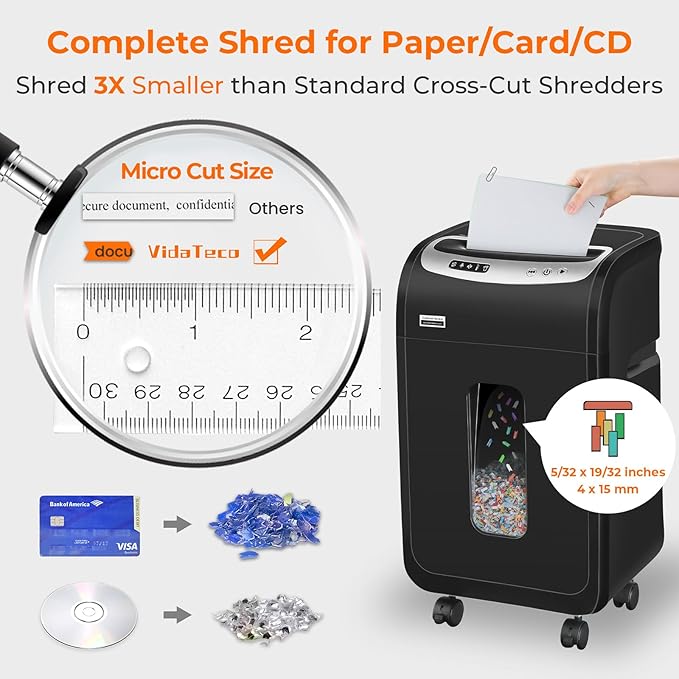 VidaTeco Paper Shredder for Home Office Heavy Duty with 60 Mins Running with US Patented Cutter,Shred CD/Card with Extra Large Bin,AUTO Jam Proof(ETL) (18-Sheet Micro Cut)