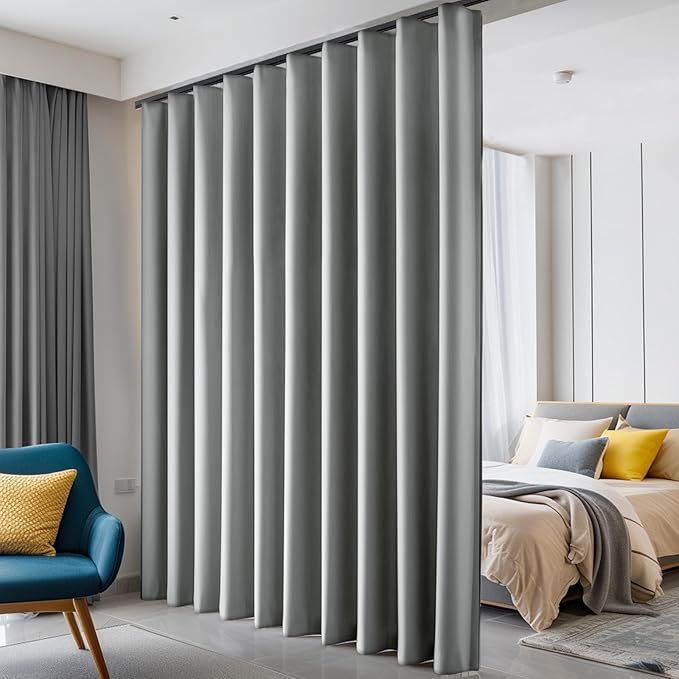 Hoeflife Room Divider Curtains Blackout Floor to Ceiling Curtain with Hook Wall Mount Sliding Door Curtains Ceiling Mount Extra Wide Curtain Wall Divider for Room Separation(Light Grey,W180 x H96 in)