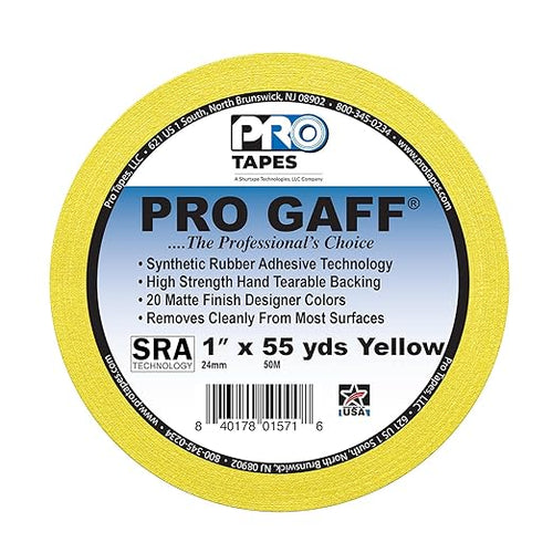 1" Pro Gaff Gaffers Tape 55 yards length yellow matte. Premium Heavy-Duty Gaffers Tape trusted by professional Gaffers. Made in the USA. Holds Tight, Easy to remove. (Pack of 48)