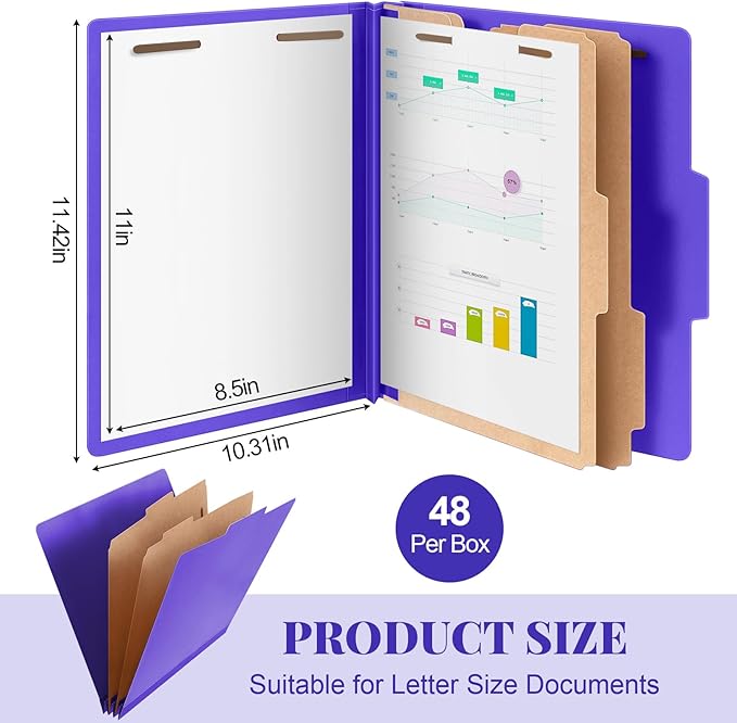 Skyygemm 48 Pcs Classification Folders Letter Size, 2 Divider Pressboard File Folders with 3. 5 Inch Expansion, 2 Prongs Fastener, Heavy Duty Office File Organizers for Teachers, Medical (Purple)